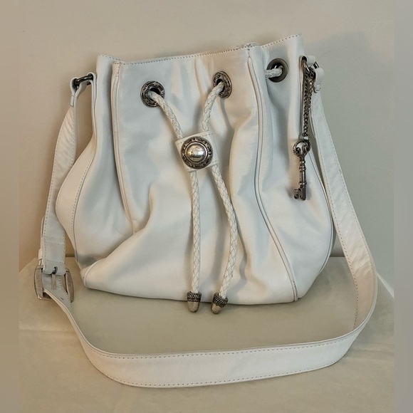 Vintage Fossil White Leather Bucket Purse w/Braided Drawstring & Silver Accents - Picture 12 of 16
